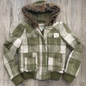 Roxy Plaid Jacket Fur Hood Green White Brown Y2K Size Small